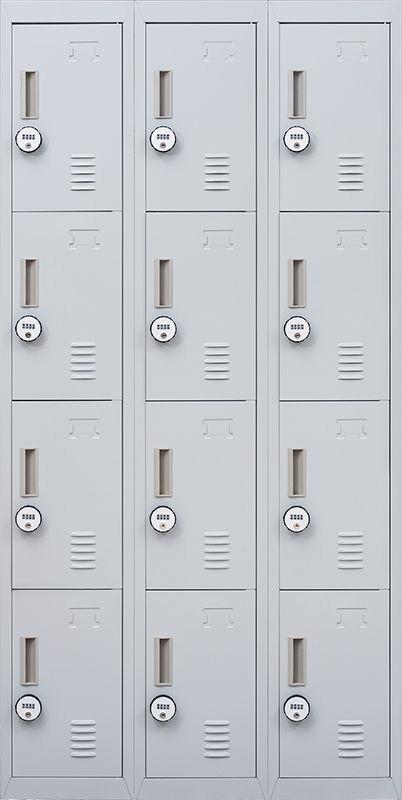 Light grey 4-digit combination lock locker with 12 compartments, ideal for offices and gyms.