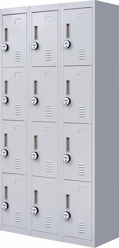 Light grey 4-digit combination lock locker with 12 compartments, ideal for offices and gyms.