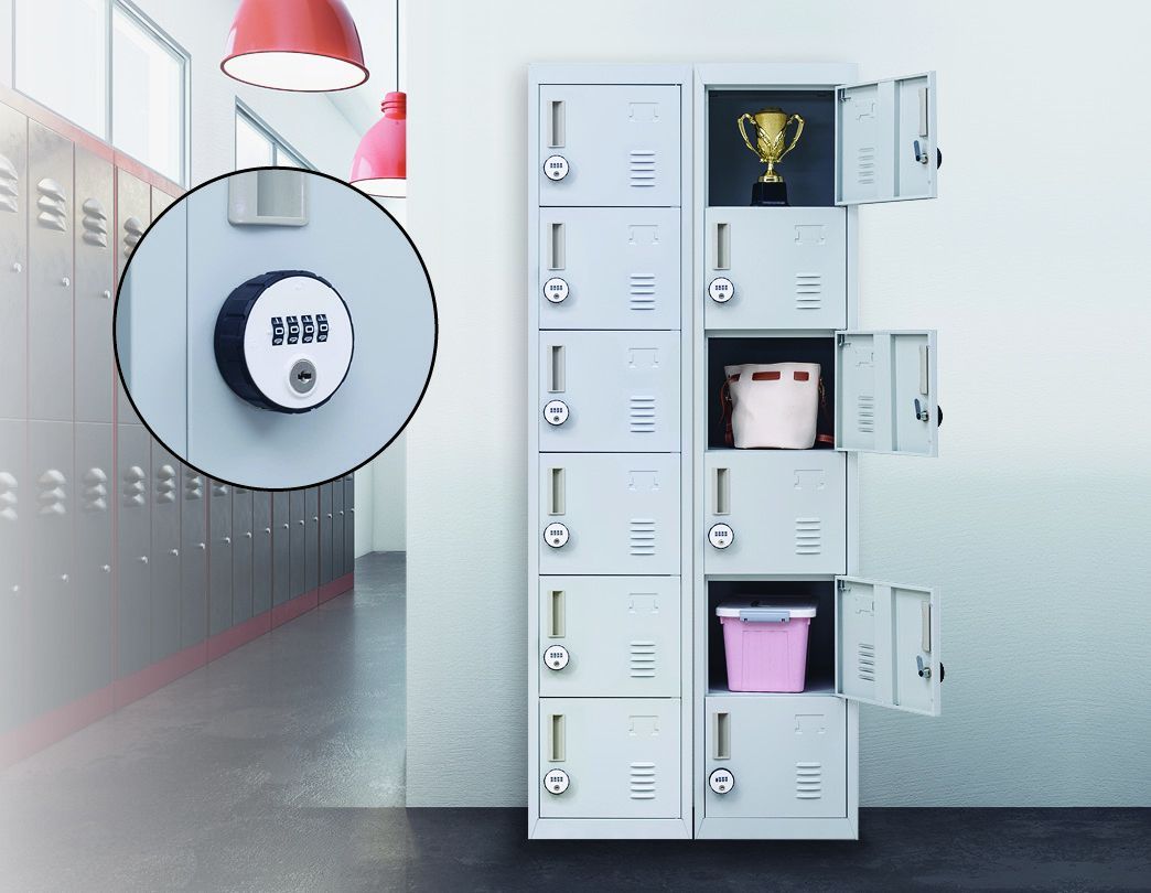 4-Digit Combination Lock 6-Door Locker in grey steel, featuring six individual lockers with ventilation and a secure combination lock.