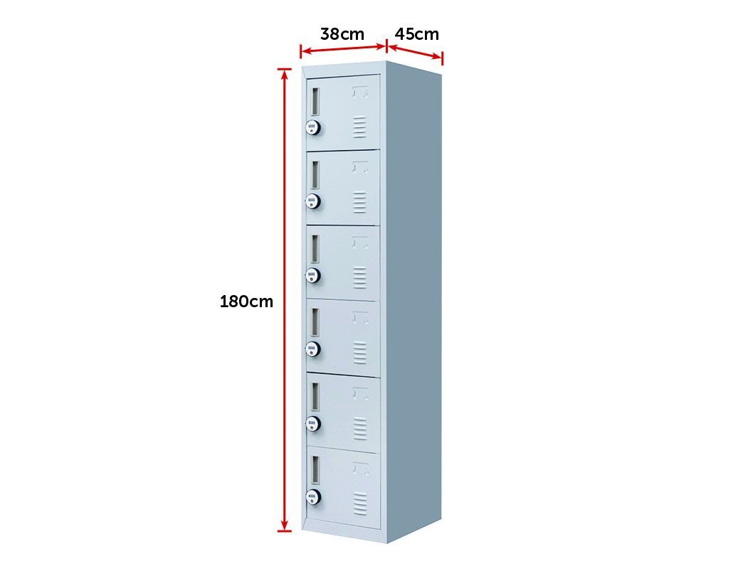 4-Digit Combination Lock 6-Door Locker in grey steel, featuring six individual lockers with ventilation and a secure combination lock.