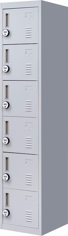 4-Digit Combination Lock 6-Door Locker in grey steel, featuring six individual lockers with ventilation and a secure combination lock.