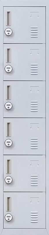 4-Digit Combination Lock 6-Door Locker in grey steel, featuring six individual lockers with ventilation and a secure combination lock.