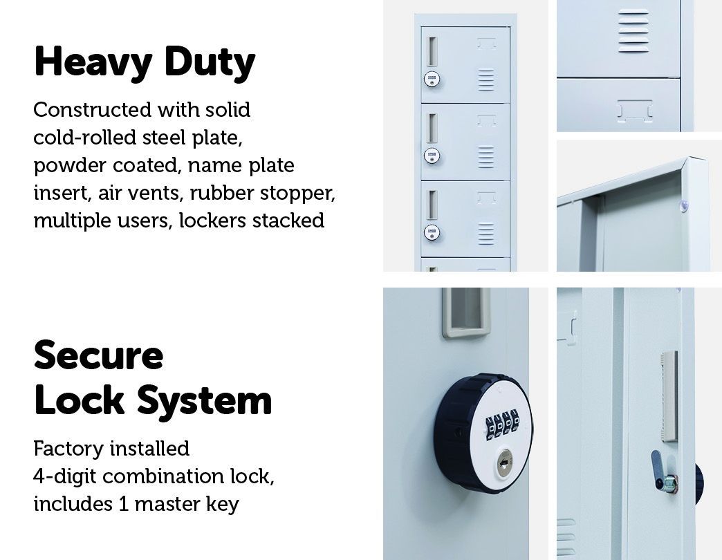 4-Digit Combination Lock 6-Door Locker in grey steel, featuring six individual lockers with ventilation and a secure combination lock.