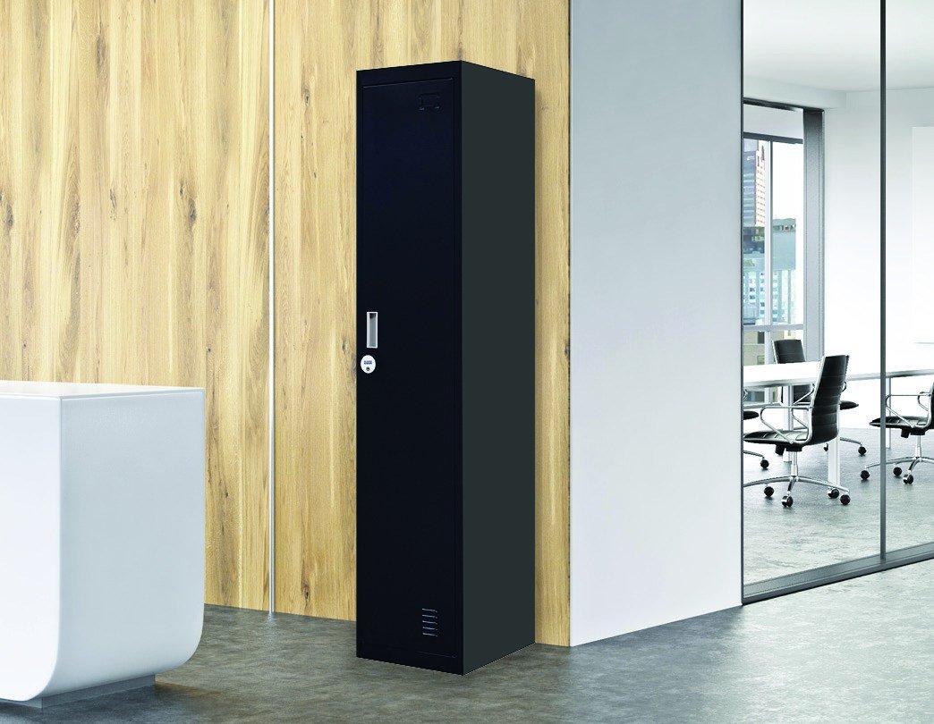 4-Digit Combination Lock One-Door Clothing Locker in black, showcasing its sturdy steel construction and ventilation features.