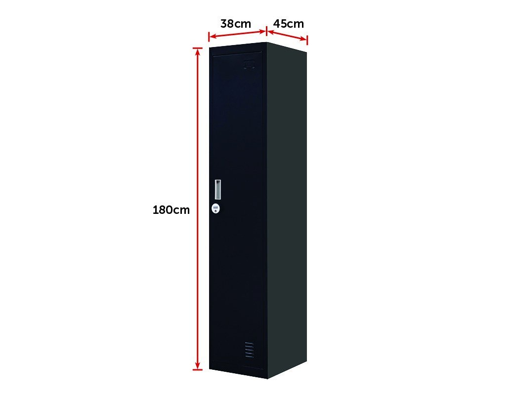 4-Digit Combination Lock One-Door Clothing Locker in black, showcasing its sturdy steel construction and ventilation features.