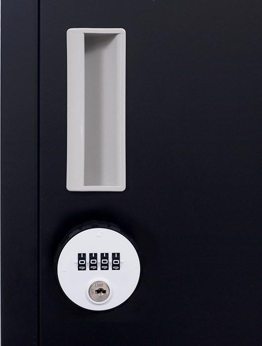 4-Digit Combination Lock One-Door Clothing Locker in black, showcasing its sturdy steel construction and ventilation features.