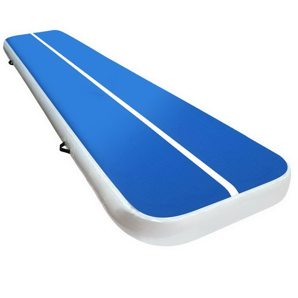 4m x 1m inflatable air track mat in blue and white, showcasing its thick 20cm design and durable construction for gymnastic training.