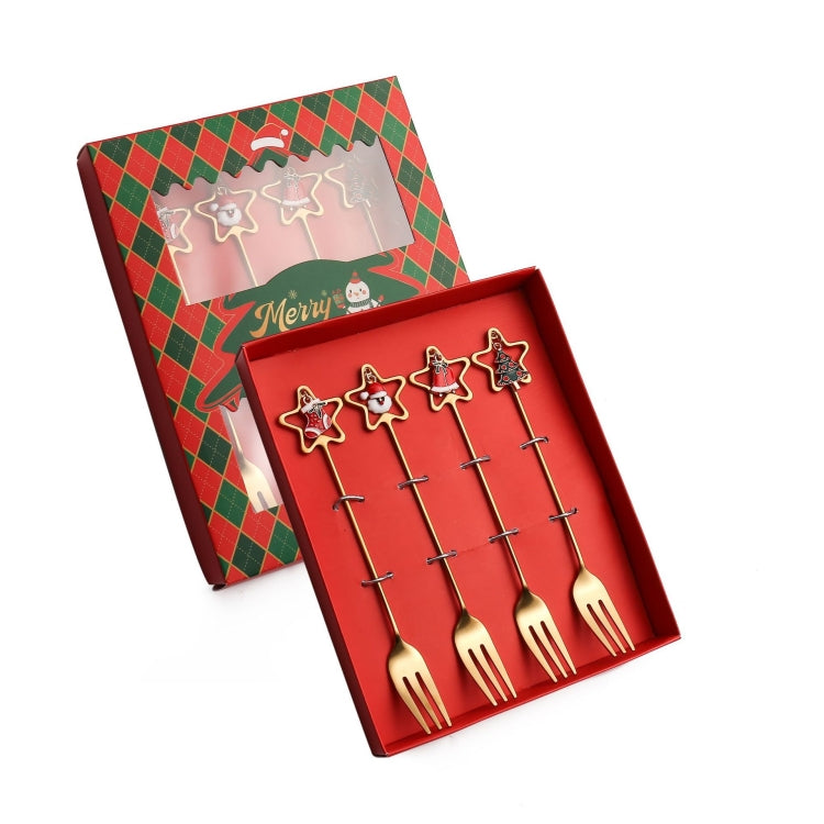 4pcs Christmas stainless steel spoon and fork set with star pendant design, elegantly displayed in a gift box.