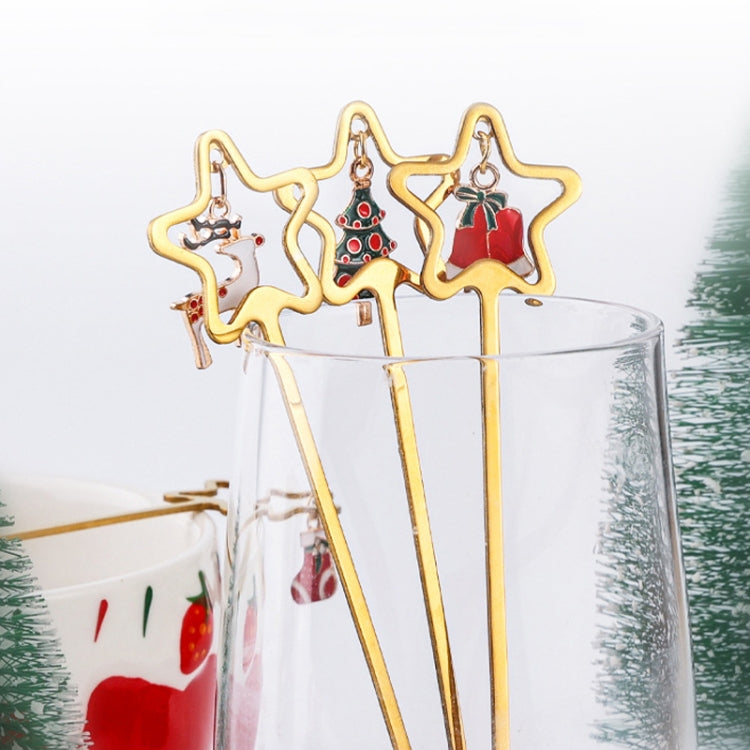 4pcs Christmas stainless steel spoon and fork set with star pendant design, elegantly displayed in a gift box.