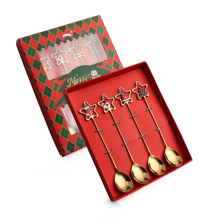 4-piece Christmas stainless steel spoon and fork set with star pendant design, elegantly displayed in a gift box.