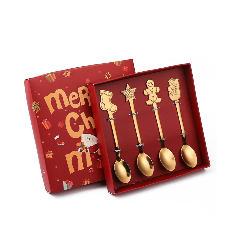 4pcs Christmas stainless steel spoon set featuring festive designs like snowman, stocking, star, and gingerbread, perfect for holiday dining.