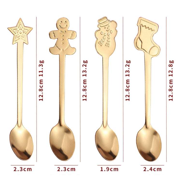 4pcs Christmas stainless steel spoon set featuring festive designs like snowman, stocking, star, and gingerbread, perfect for holiday dining.