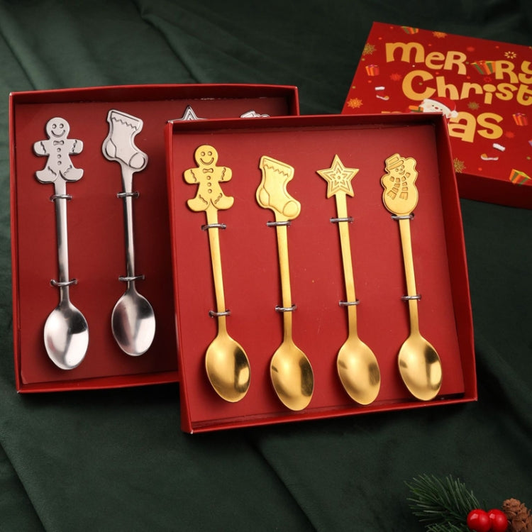 4pcs Christmas stainless steel spoon set featuring festive designs like snowman, stocking, star, and gingerbread, perfect for holiday dining.