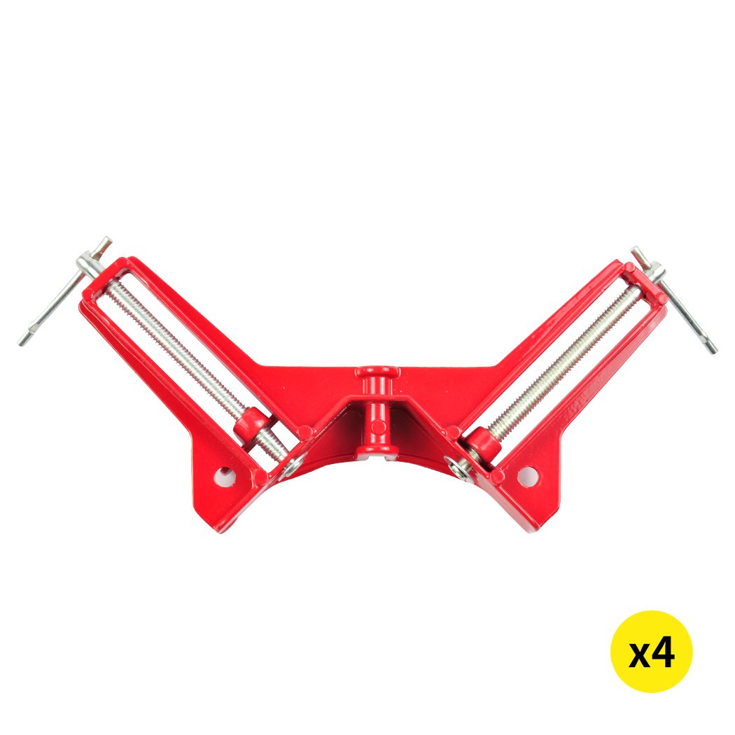 4-Piece Corner Clamp showcasing its durable zinc alloy construction and adjustable jaws for woodworking projects.