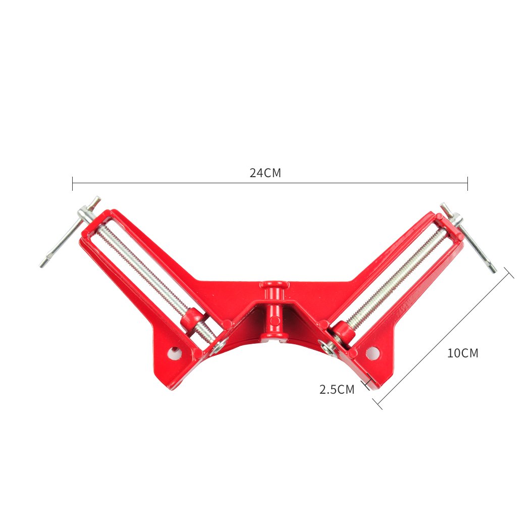 4-Piece Corner Clamp showcasing its durable zinc alloy construction and adjustable jaws for woodworking projects.