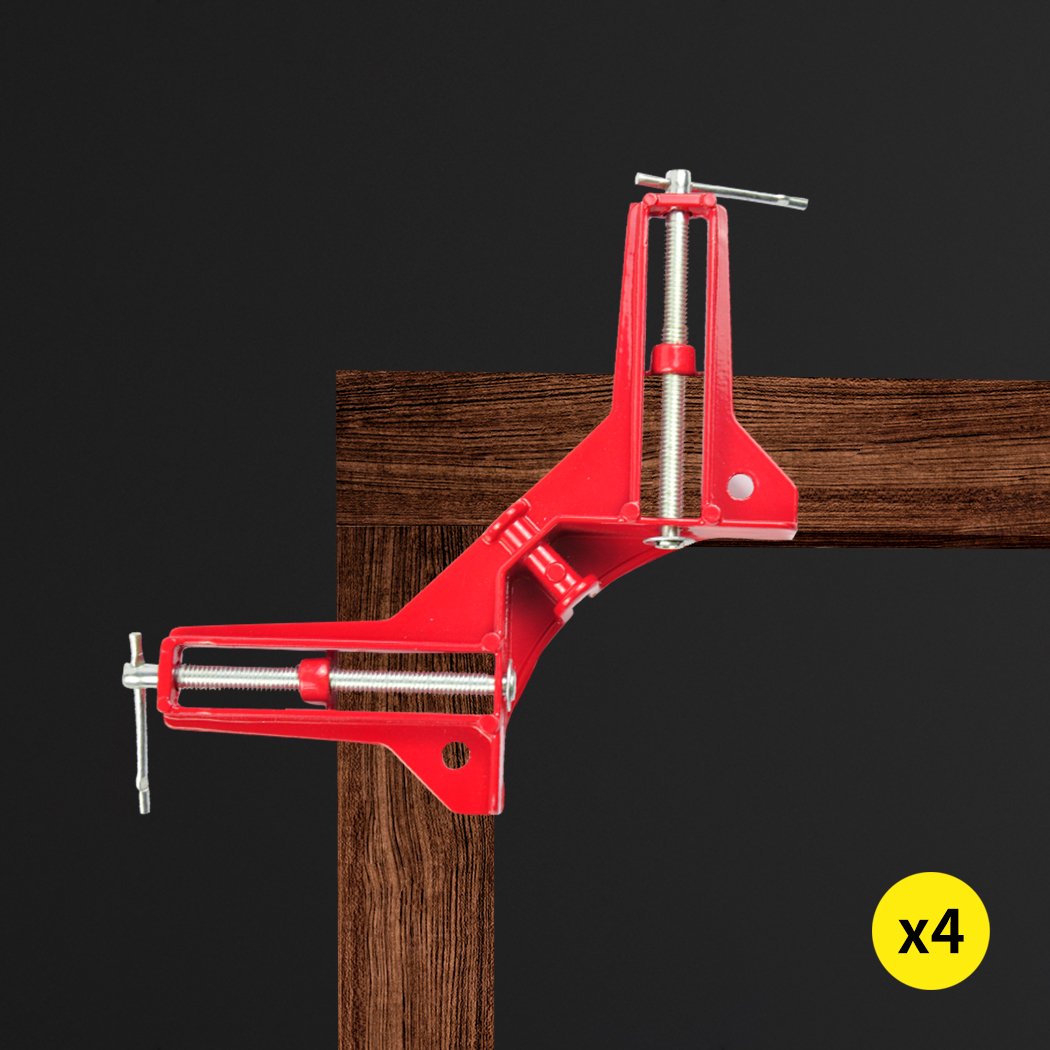 4-Piece Corner Clamp showcasing its durable zinc alloy construction and adjustable jaws for woodworking projects.