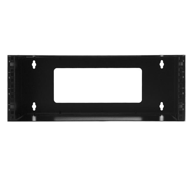 4RU 300mm Deep Wall Mount Server Rack Frame in black steel, featuring removable panels and cable entry cutouts.