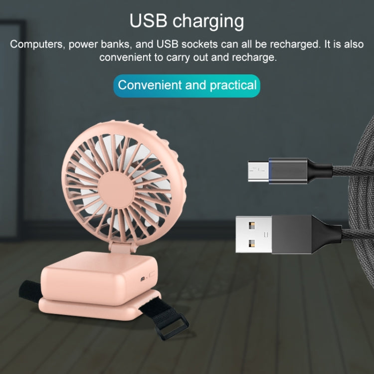 A compact and portable 4W USB Interface fan, designed for hanging on bags or strollers, featuring a sleek design and USB charging capability.