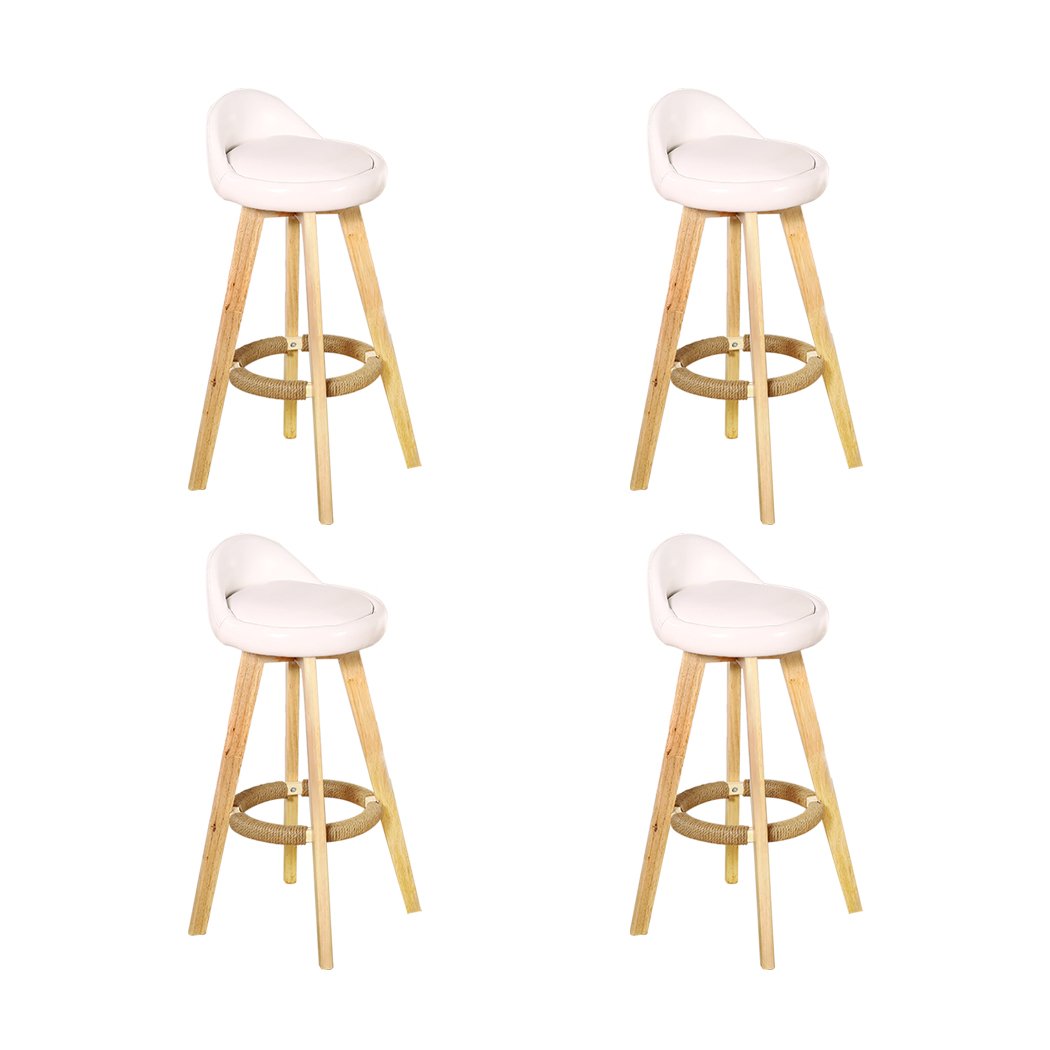 Set of four Levede leather swivel bar stools in ivory color, featuring solid wood frames and comfortable PU leather seats.