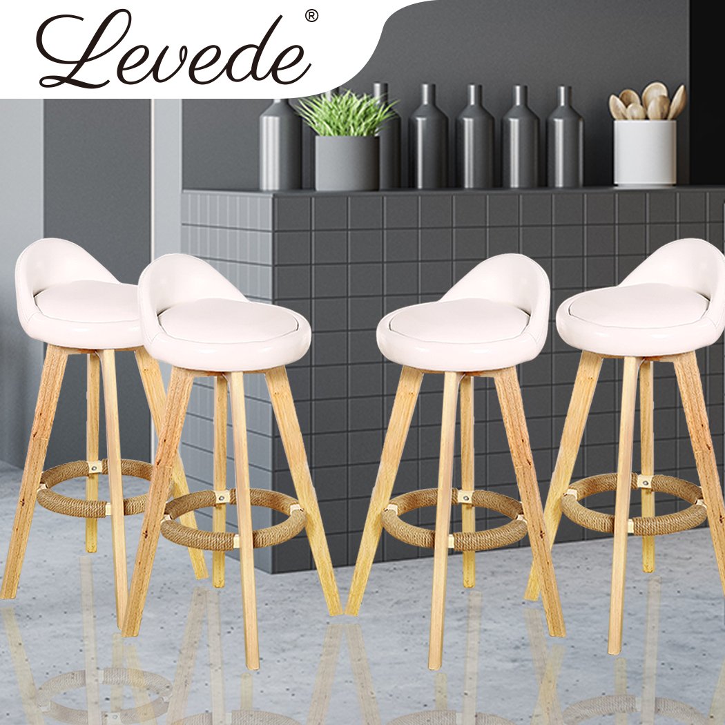 Set of four Levede leather swivel bar stools in ivory color, featuring solid wood frames and comfortable PU leather seats.