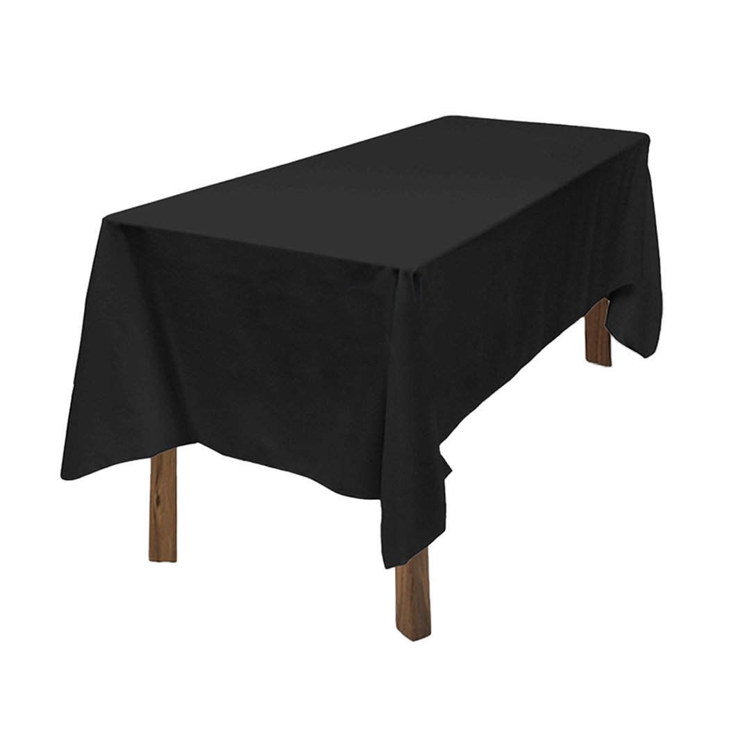 Set of four elegant black and white polyester tablecloths designed for weddings and events, fitting various table shapes.