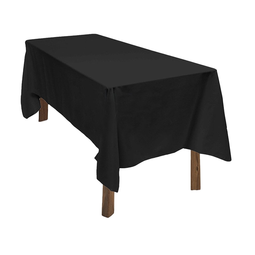 Set of four elegant black and white polyester tablecloths designed for weddings and events, fitting various table shapes.