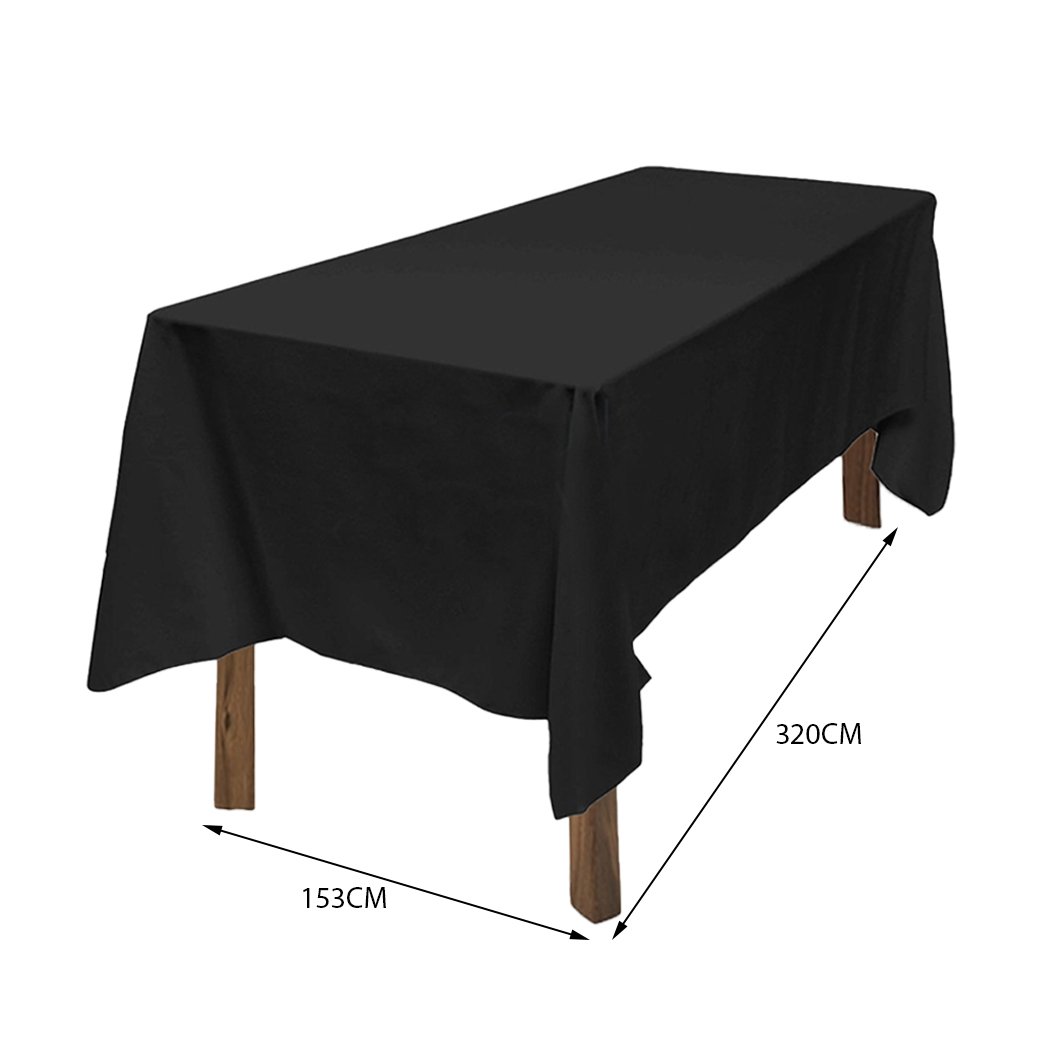 Set of four elegant black and white polyester tablecloths designed for weddings and events, fitting various table shapes.