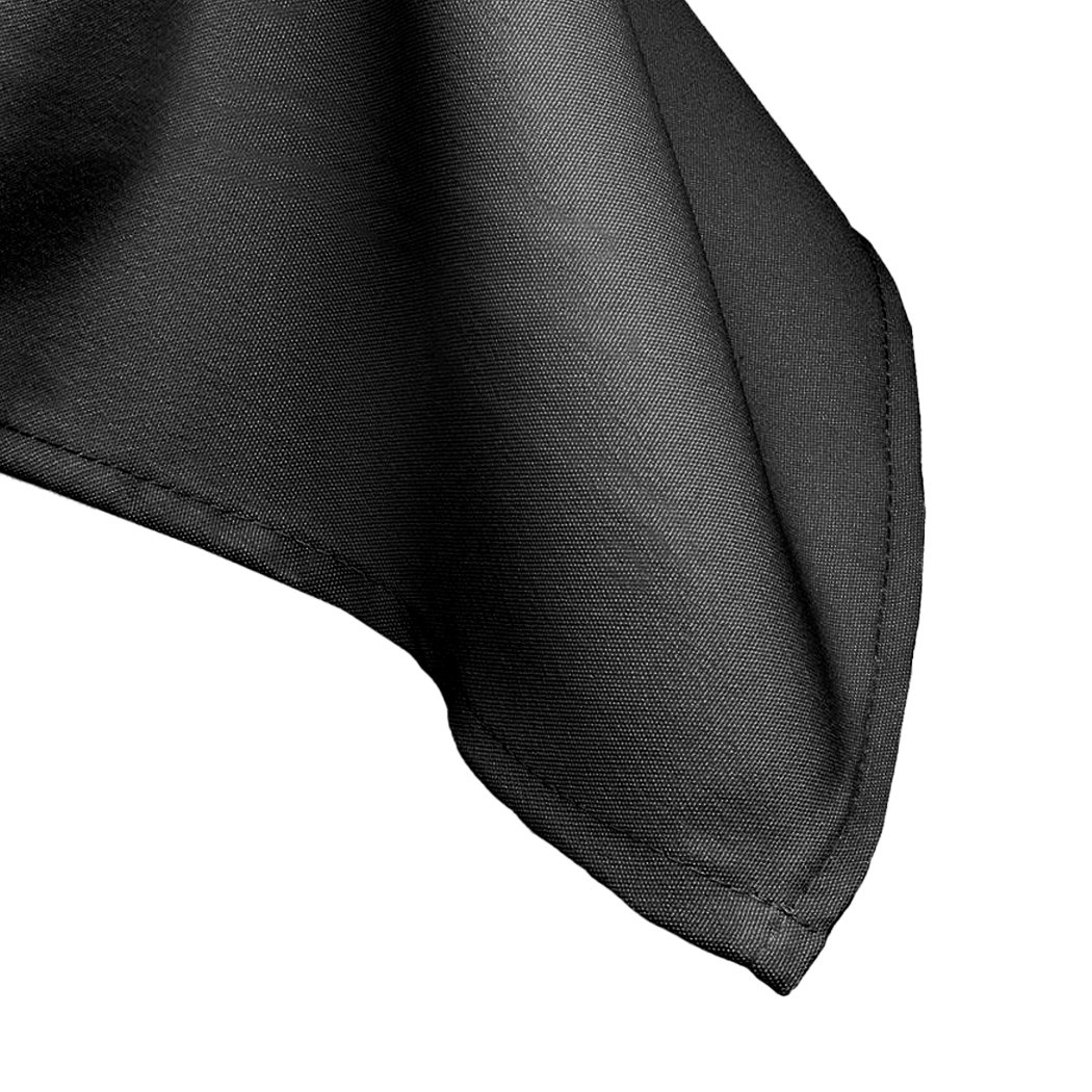 Set of four elegant black and white polyester tablecloths designed for weddings and events, fitting various table shapes.