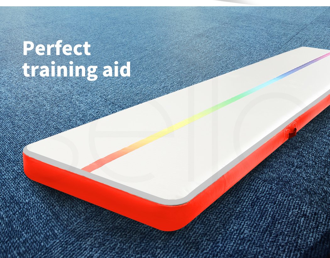 4x1M Inflatable Air Track Mat in red, showcasing its durable fabric and anti-slip surface, ideal for gymnastics and sports training.