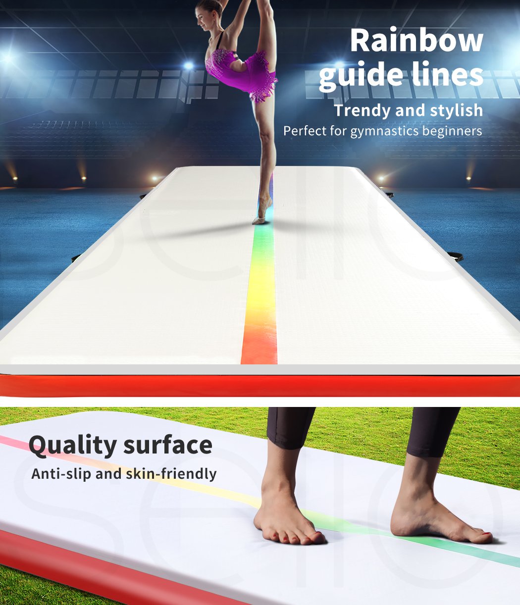 4x1M Inflatable Air Track Mat in red, showcasing its durable fabric and anti-slip surface, ideal for gymnastics and sports training.