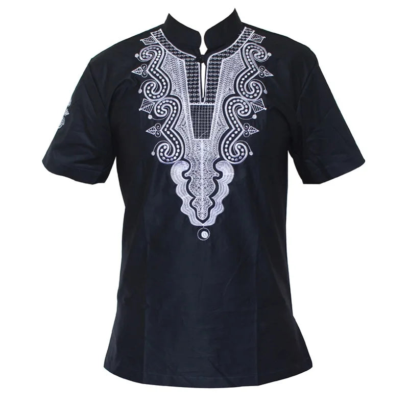 A vibrant display of African fashion featuring unique embroidery designs in five colors for men and women.