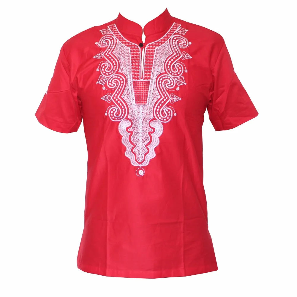 A vibrant display of African fashion featuring unique embroidery designs in five colors for men and women.