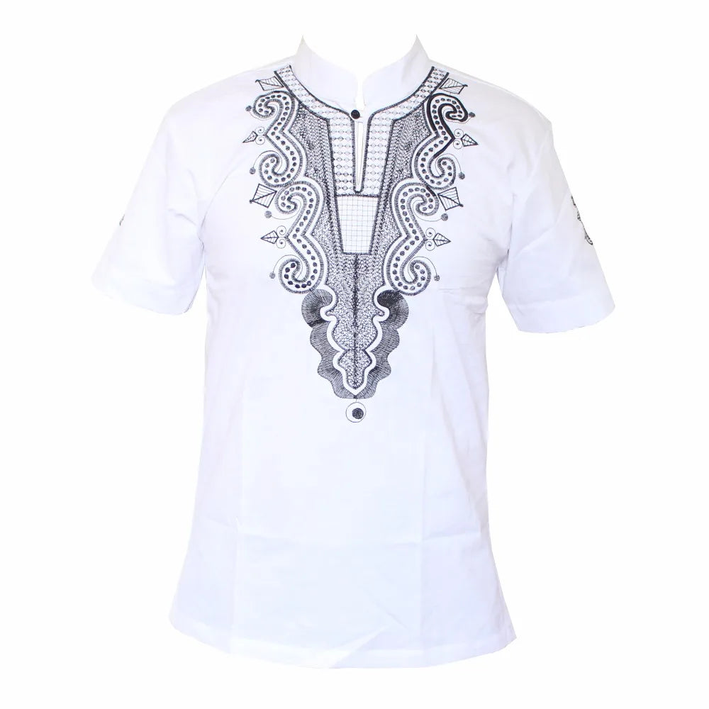 A vibrant display of African fashion featuring unique embroidery designs in five colors for men and women.