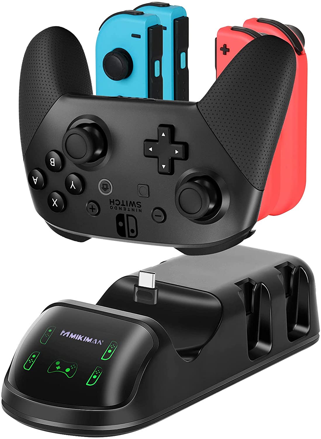 5 in 1 Controller Charger Dock for Nintendo Switch and PS5, featuring slots for Joy-Cons and Pro Controller with LED indicators.