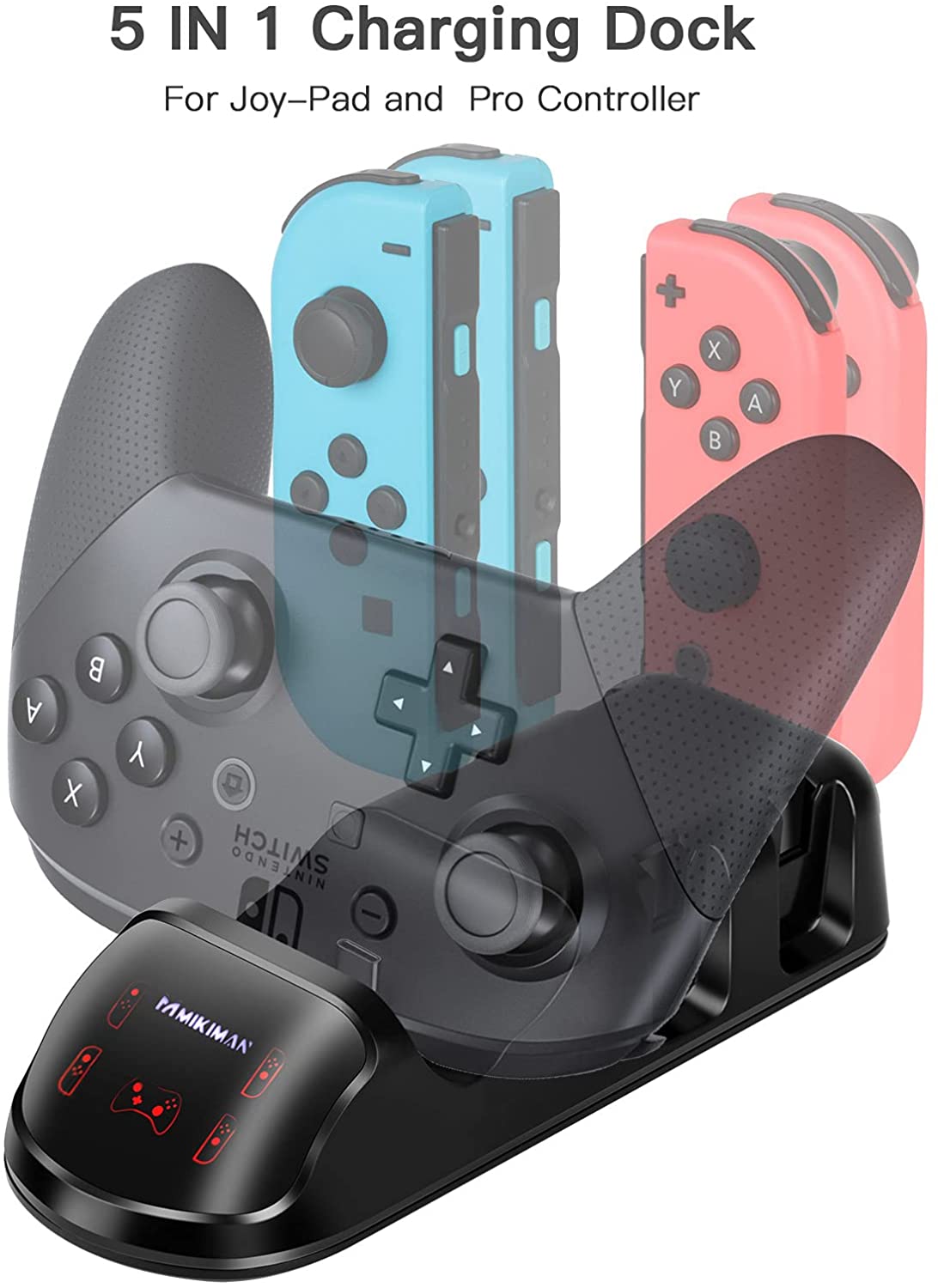 5 in 1 Controller Charger Dock for Nintendo Switch and PS5, featuring slots for Joy-Cons and Pro Controller with LED indicators.