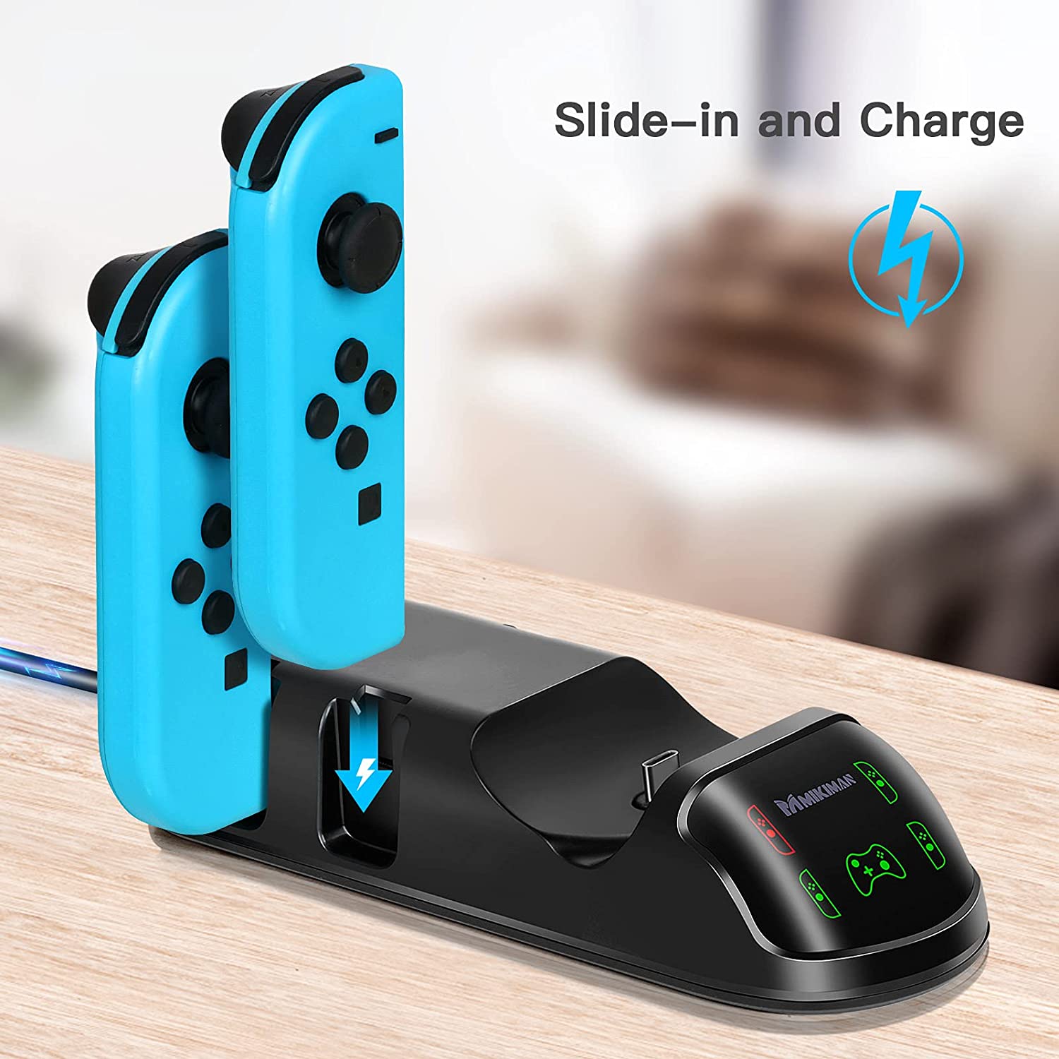 5 in 1 Controller Charger Dock for Nintendo Switch and PS5, featuring slots for Joy-Cons and Pro Controller with LED indicators.