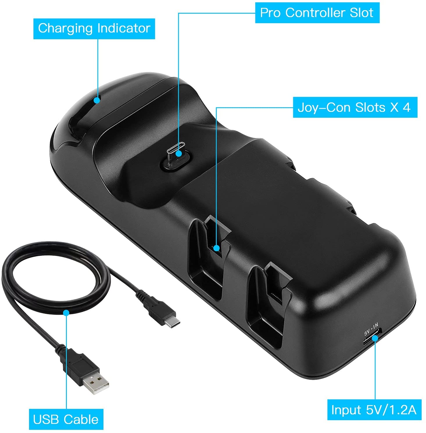 5 in 1 Controller Charger Dock for Nintendo Switch and PS5, featuring slots for Joy-Cons and Pro Controller with LED indicators.