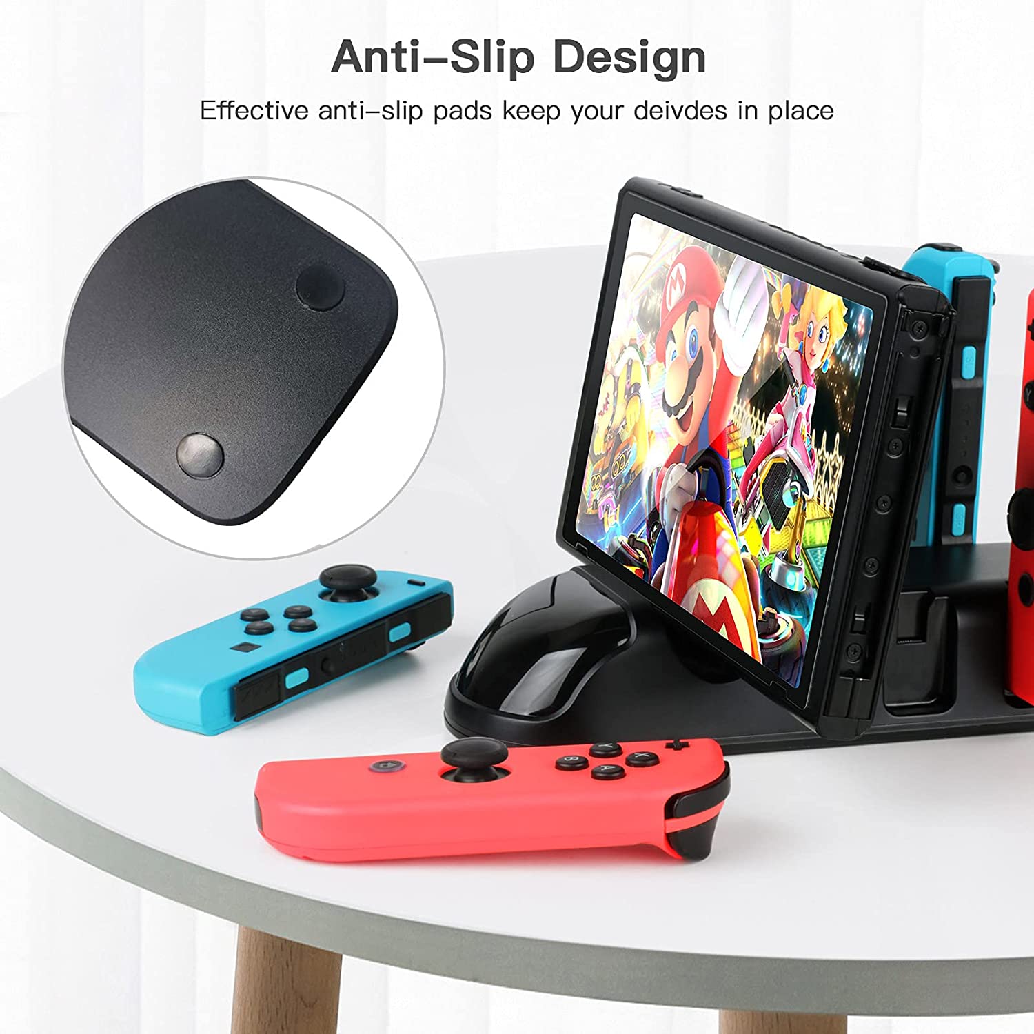 5 in 1 Controller Charger Dock for Nintendo Switch and PS5, featuring slots for Joy-Cons and Pro Controller with LED indicators.