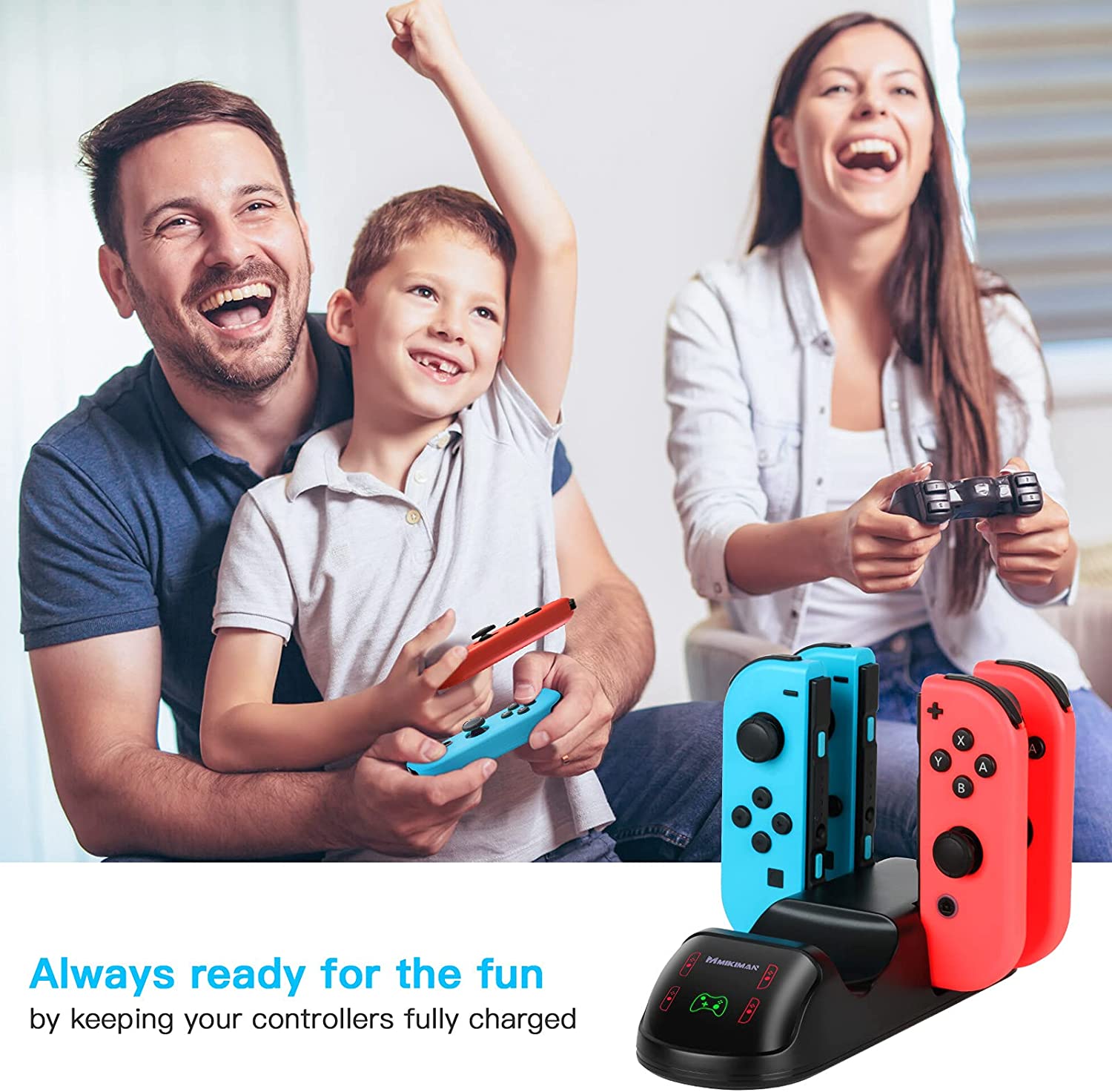 5 in 1 Controller Charger Dock for Nintendo Switch and PS5, featuring slots for Joy-Cons and Pro Controller with LED indicators.