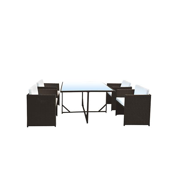 5 Piece Outdoor Dining Table Set featuring rattan table and chairs with plush cushions, perfect for garden or patio use.