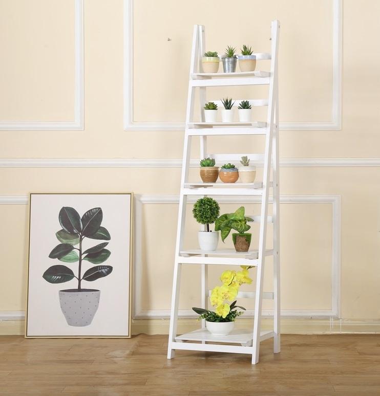 5 Tier Wooden Ladder Shelf Stand in white, showcasing five shelves for storage and display, perfect for books and decor.