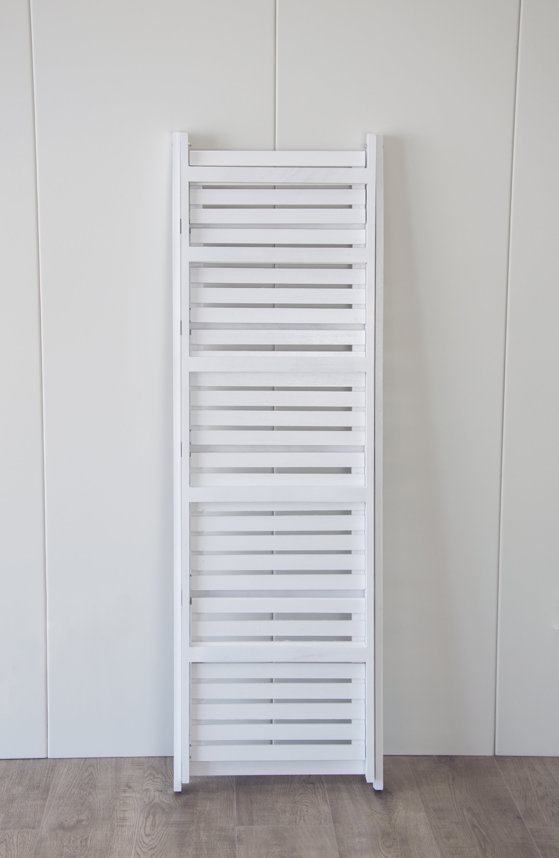 5 Tier Wooden Ladder Shelf Stand in white, showcasing five shelves for storage and display, perfect for books and decor.