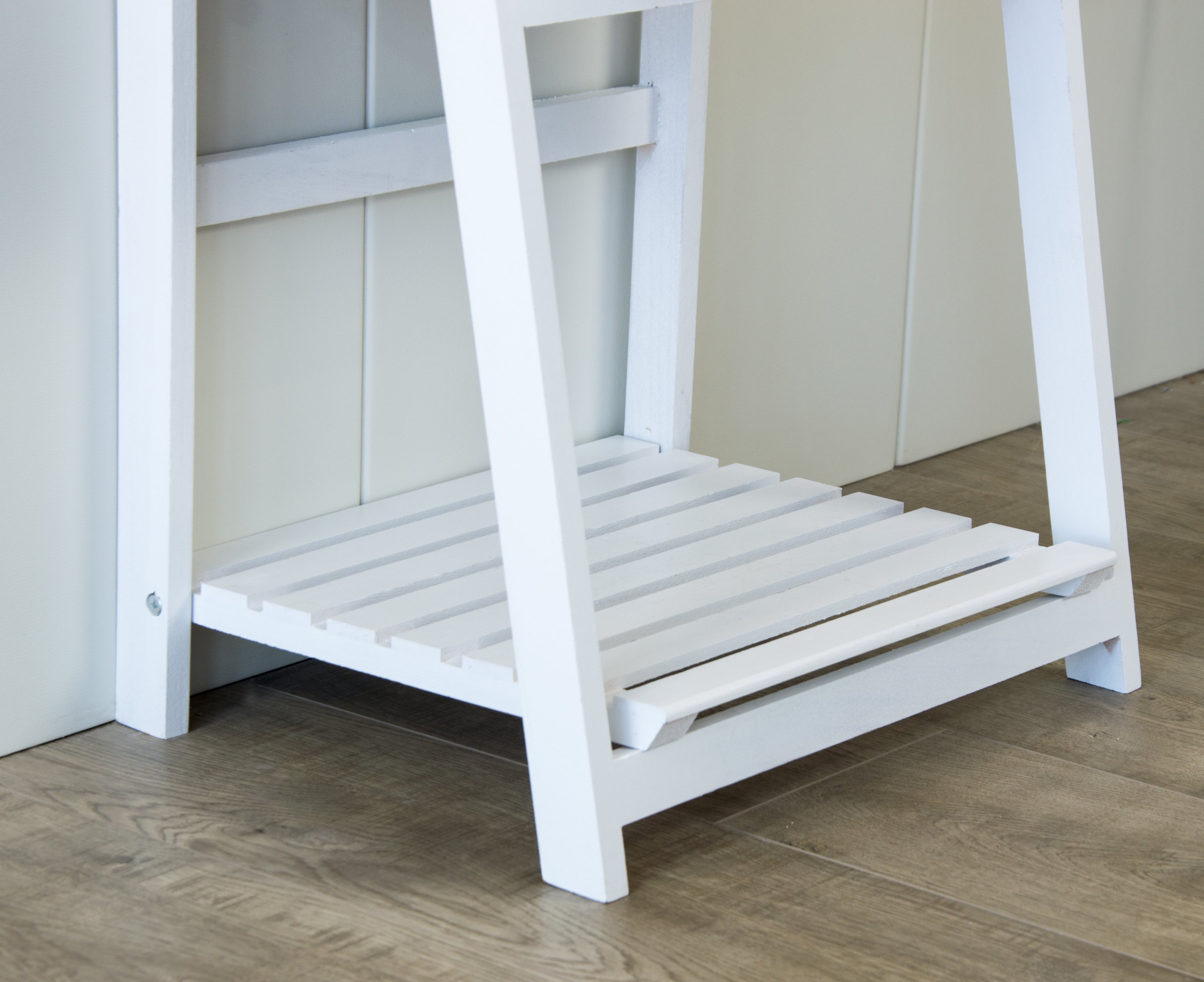 5 Tier Wooden Ladder Shelf Stand in white, showcasing five shelves for storage and display, perfect for books and decor.