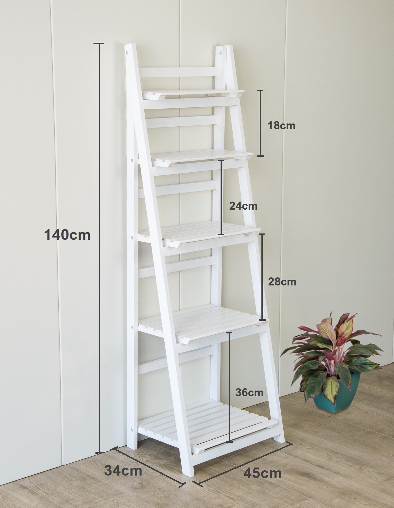 5 Tier Wooden Ladder Shelf Stand in white, showcasing five shelves for storage and display, perfect for books and decor.