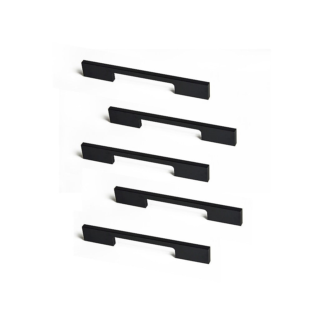 Set of five 128mm matte black square kitchen cabinet handles, showcasing a sleek design suitable for various kitchen styles.