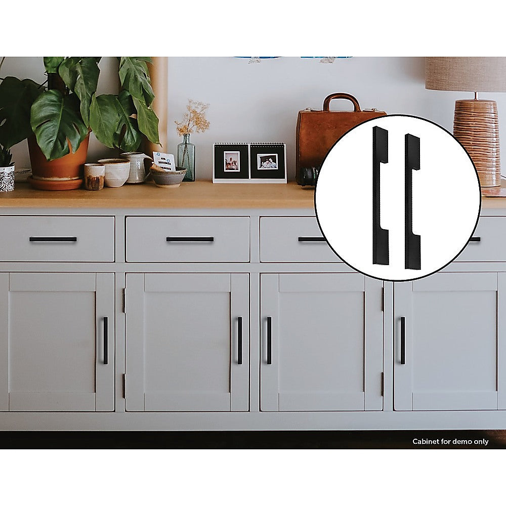 Set of five 128mm matte black square kitchen cabinet handles, showcasing a sleek design suitable for various kitchen styles.