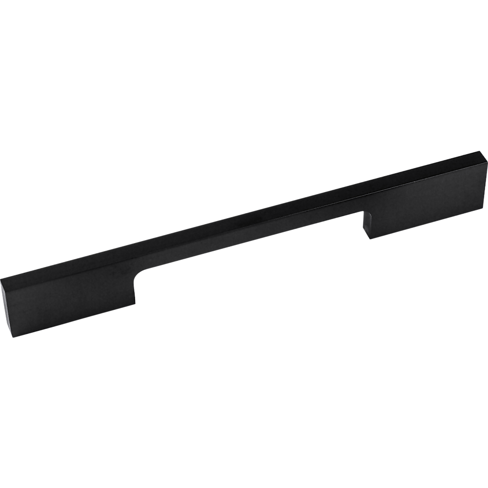 Set of five 128mm matte black square kitchen cabinet handles, showcasing a sleek design suitable for various kitchen styles.