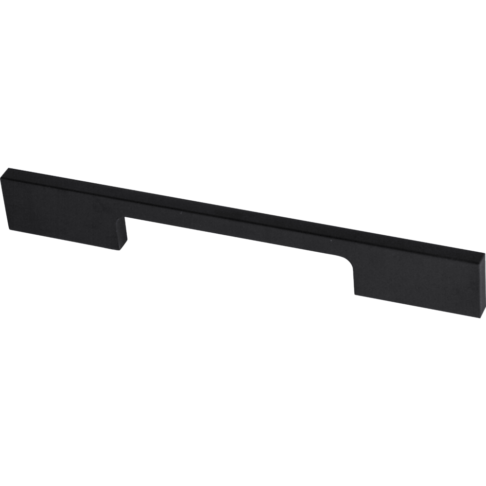 Set of five 128mm matte black square kitchen cabinet handles, showcasing a sleek design suitable for various kitchen styles.