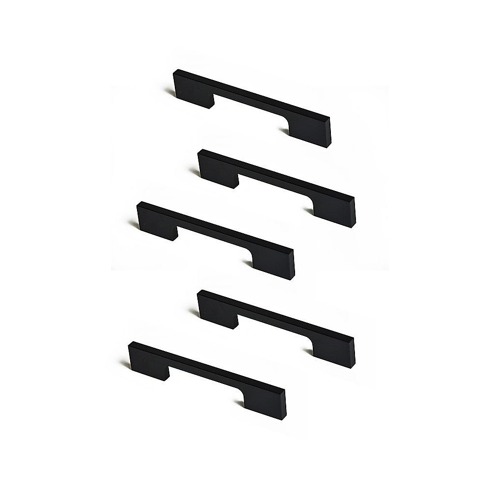 Set of five 96mm matte black kitchen cabinet handles with a square profile, designed for modern kitchen decor.