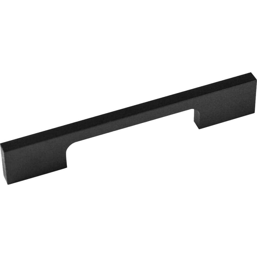 Set of five 96mm matte black kitchen cabinet handles with a square profile, designed for modern kitchen decor.